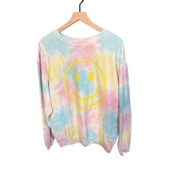 Chicka-D Oversized MediumTie-Dye Waffle Knit Long Sleeve Shirt W/ Smile Graphic - Picture 1 of 5